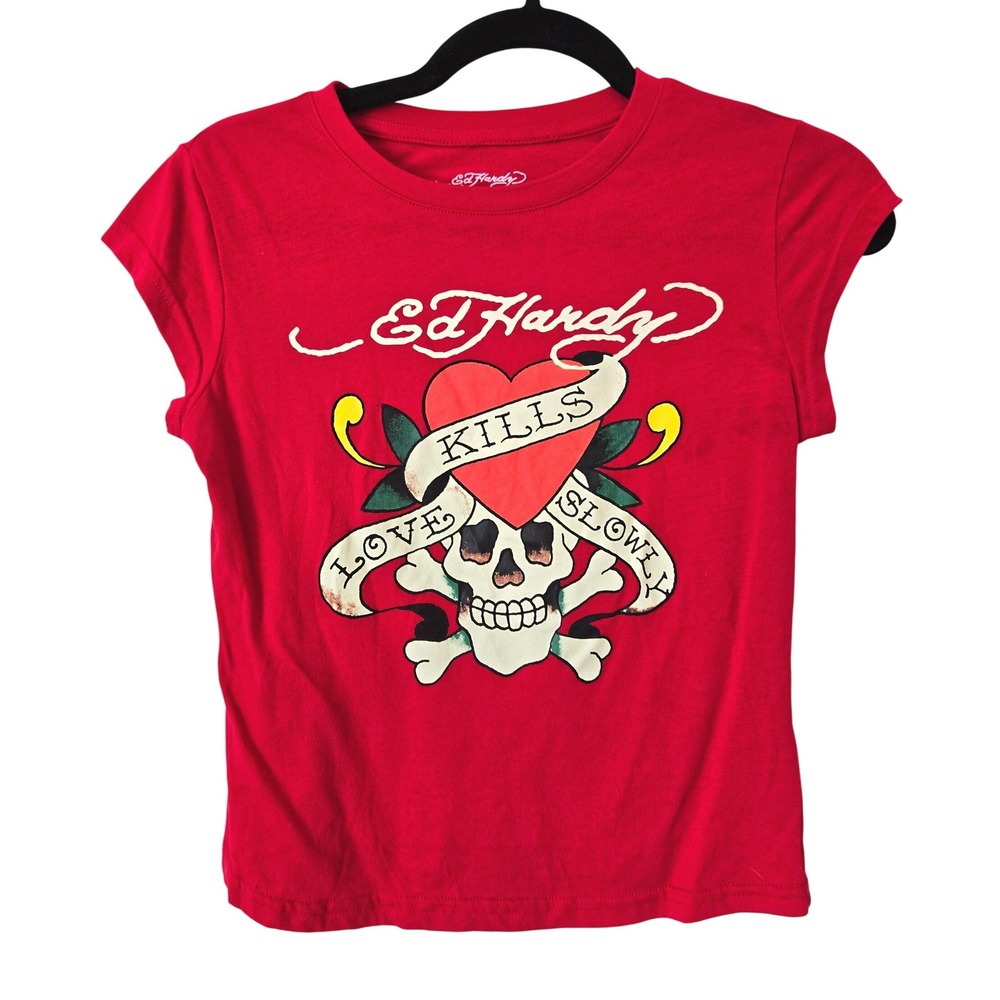 VINTAGE Y2K Ed Hardy M T-Shirt Womens Red Love Kills Skull Graphic Baby Tee